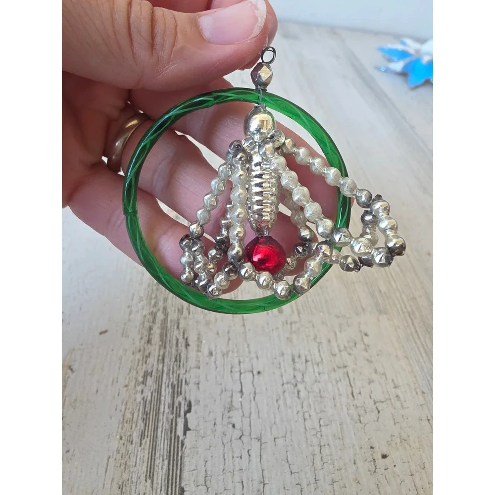 Antique czech beaded glass green silver ornament Xmas tree